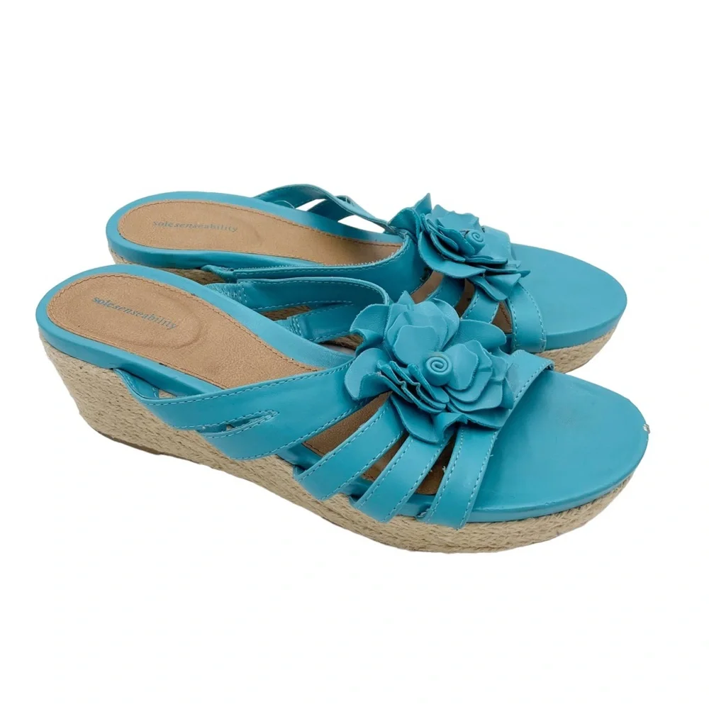 Solesenseability Mona Blue Faux Leather Flower Embellished Wedge Sandals 9.5